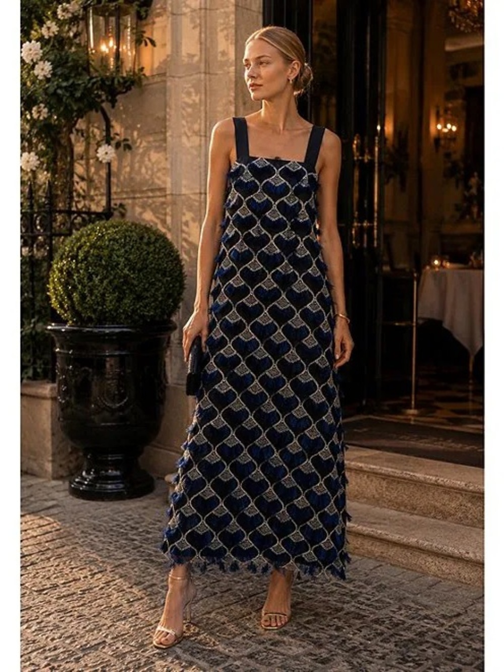 Beaded Navy Maxi Dress with Square Neck and Wide Straps